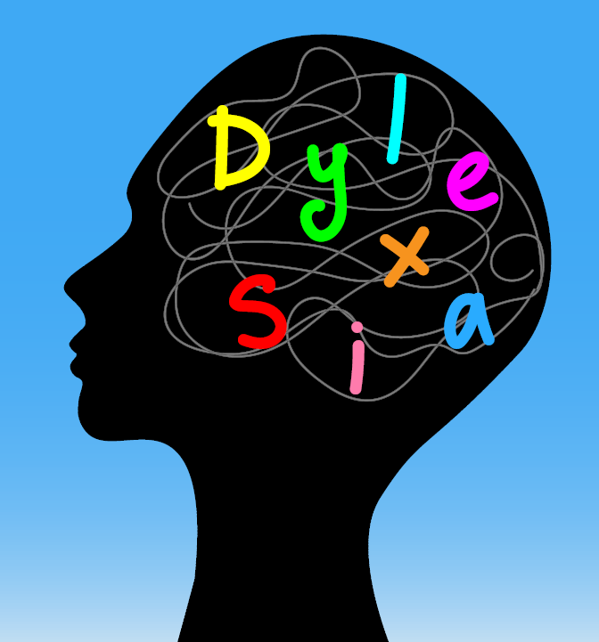 clipart person's head with letters spelling out dyslexia inside the brain